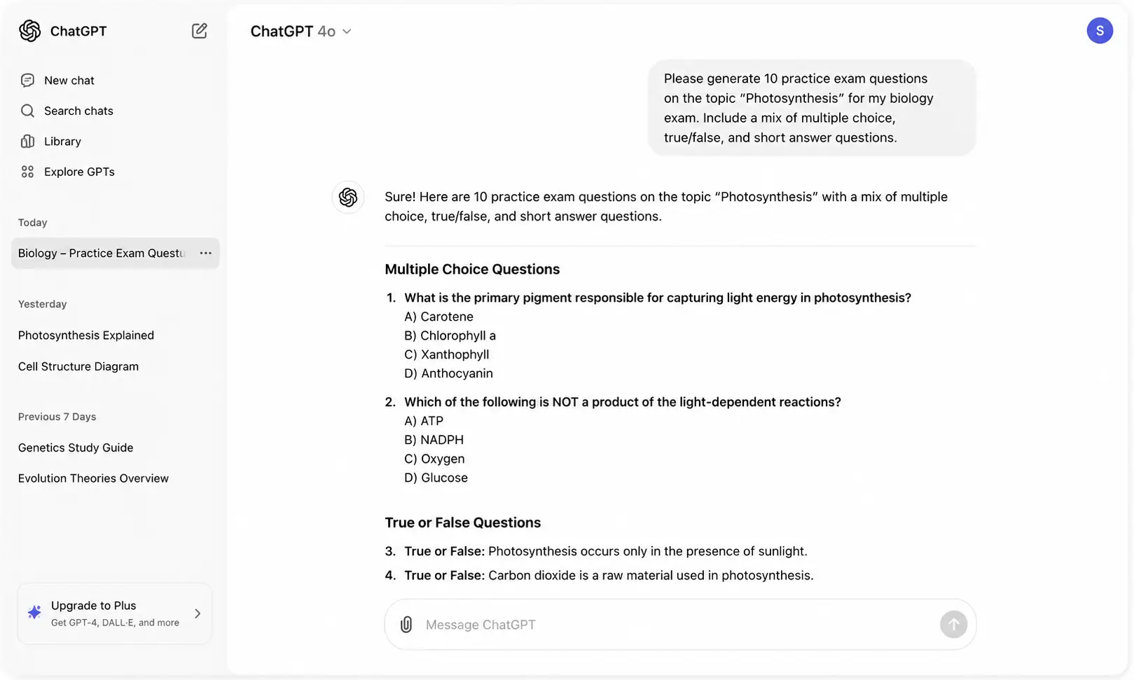 ChatGPT generating practice exam questions for a biology student