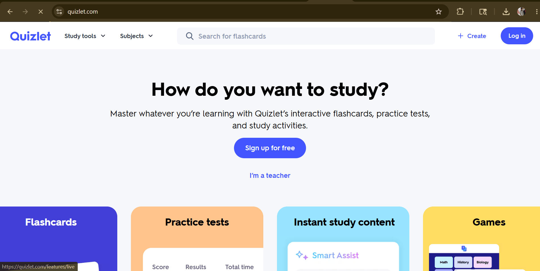 Quizlet Learn mode showing adaptive flashcard quiz with spaced repetition for exam preparation