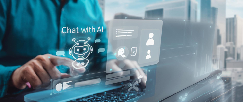 Customer chatting with an AI chatbot widget on a laptop in a modern blue-lit home office