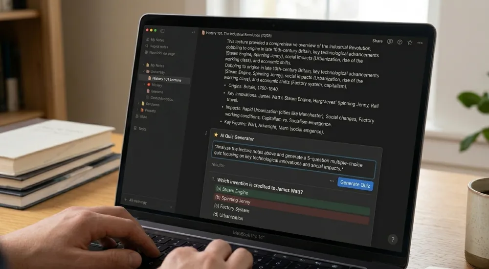 Notion AI generating quiz questions from student lecture notes for exam revision
