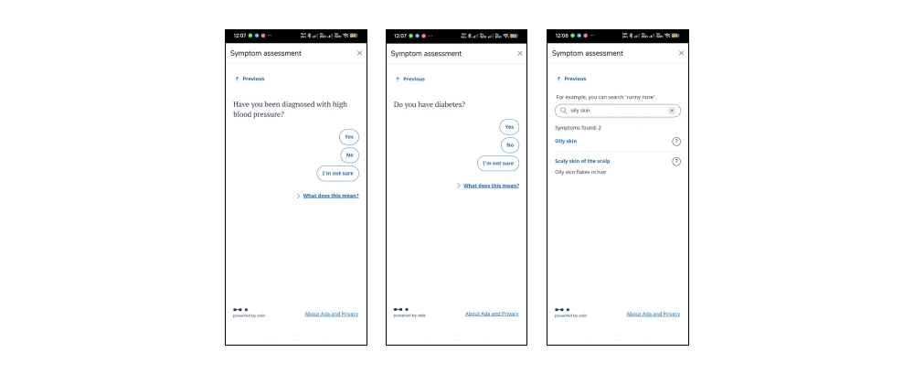 Ada Health AI symptom checker showing symptom input and results panel on mobile