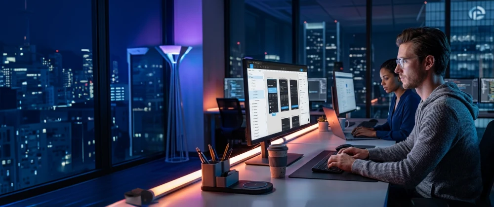 Figma guide 2026 — designer collaborating in real time on a UI project in a modern office