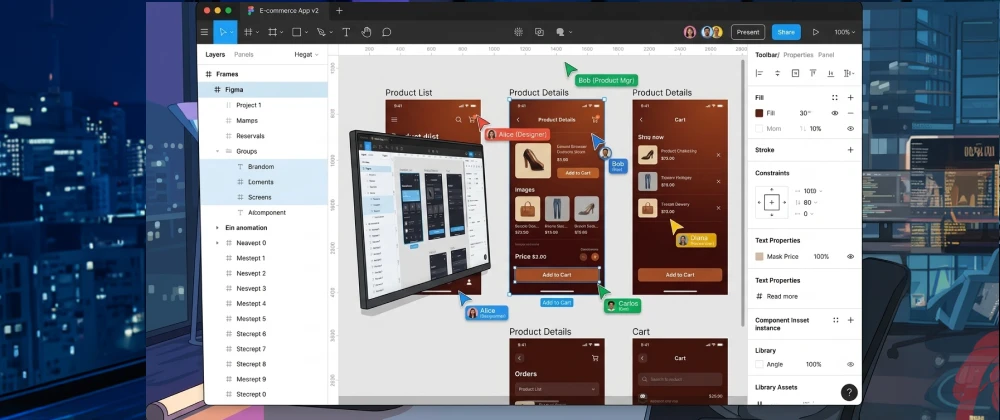 Figma interface overview showing layers panel, toolbar, and collaborator cursors