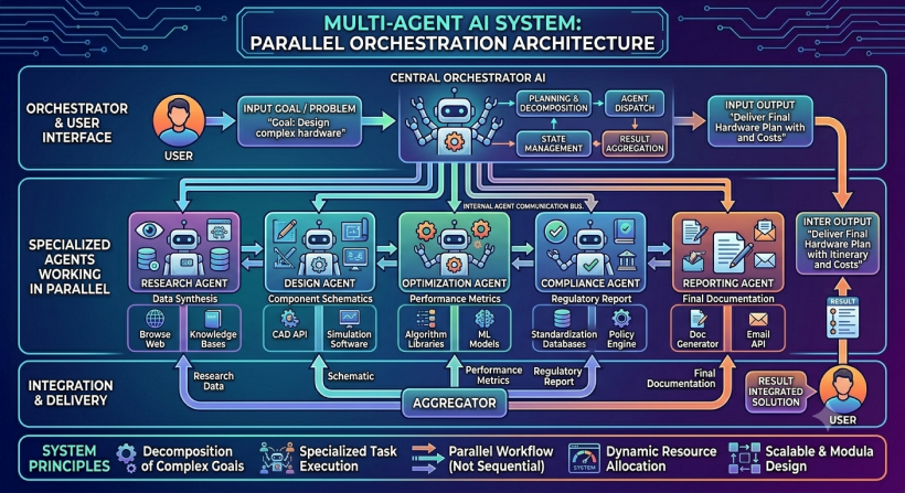 Multi-agent AI system architecture diagram showing orchestrator and specialized agents working in parallel
