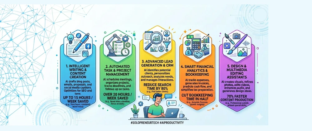 infographic showing five core AI productivity capabilities for freelancers and solopreneurs in 2026