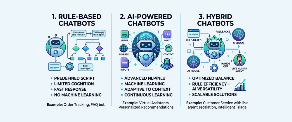 Infographic showing the three main types of chatbots: rule-based, AI-powered, and hybrid