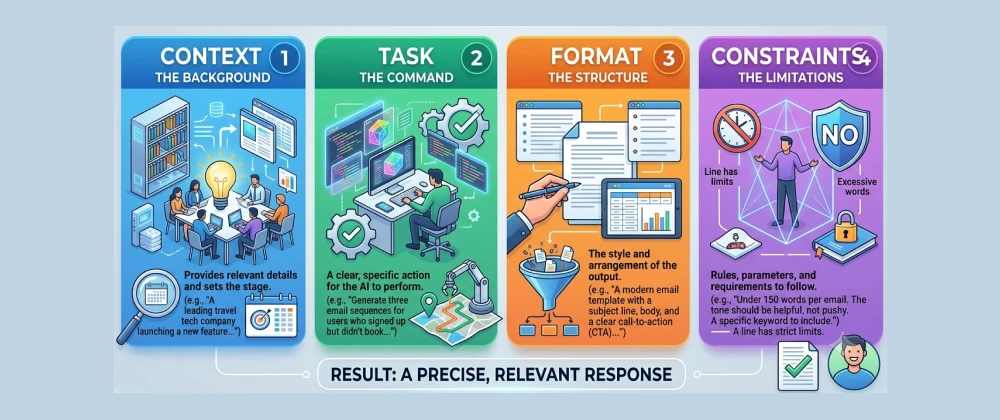 Infographic breaking down a strong prompt example into context, task, format, and constraints