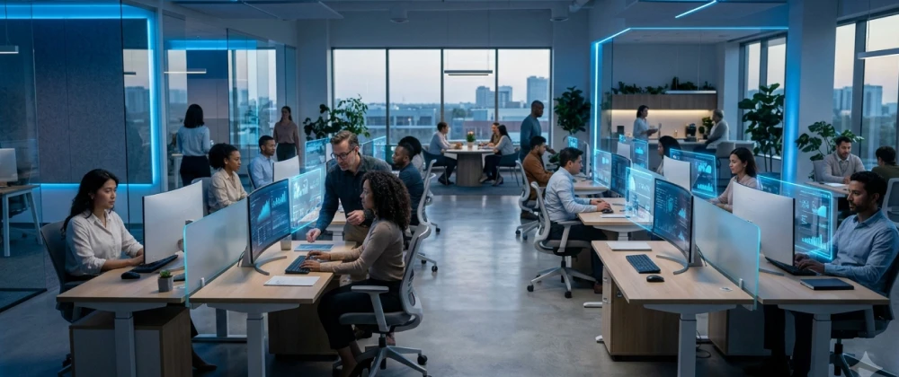 Diverse professionals working alongside AI dashboards in a modern blue-lit US or European office in 2030