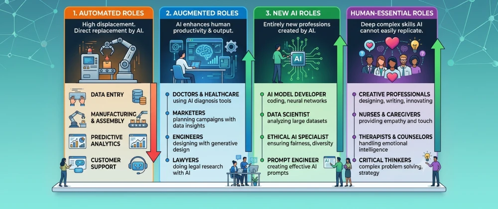 Infographic showing four categories of AI job impact: automated, augmented, new AI roles, and human-essential roles