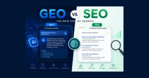 GEO vs SEO comparison showing traditional search results and AI generated answers in Google AI Overviews