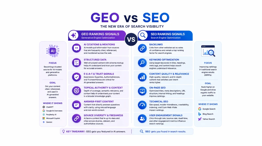 Infographic comparing GEO ranking signals like citations and structured data against SEO ranking signals like backlinks and keyword density