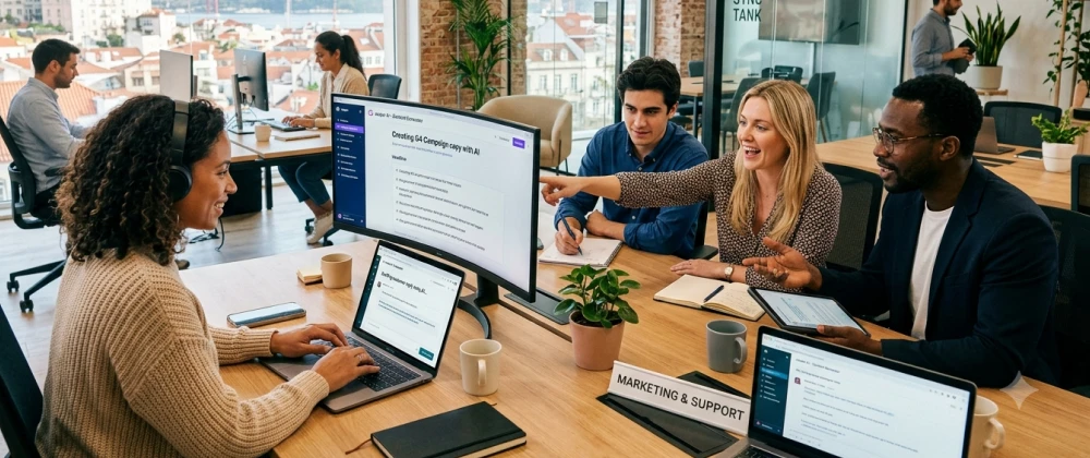 Marketing and support professionals using AI writing tools in a modern European office