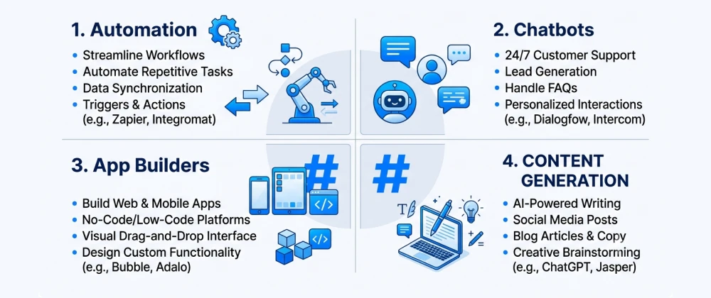 nfographic showing four categories of no-code AI tools: automation, chatbots, app builders, and content generation