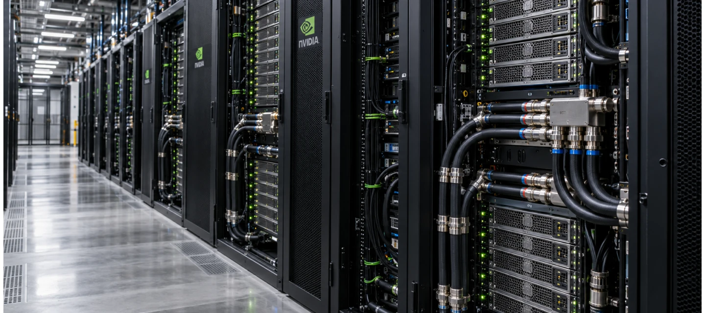 Rows of liquid-cooled NVIDIA GPU server racks inside a modern AI data center, illustrating how AI and NVIDIA infrastructure work together
